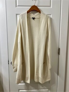 Talbots Cream Wool Blend Open-Front Rib Trim Cardigan with Pockets -Large